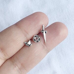 925 Sterling Silver Wiccan Esoteric Stud Earring Set, Mortar Pestle Pentagram Dagger Gothic Post Earrings Cartilage Tragus Helix Piercing