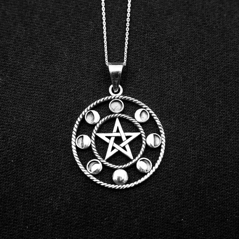 Celestial Boho Moon Lunar Charm Necklace 925 Sterling Silver Moon Phases Pentacle Pendant Necklace Bohemian Moon Phases Astrology