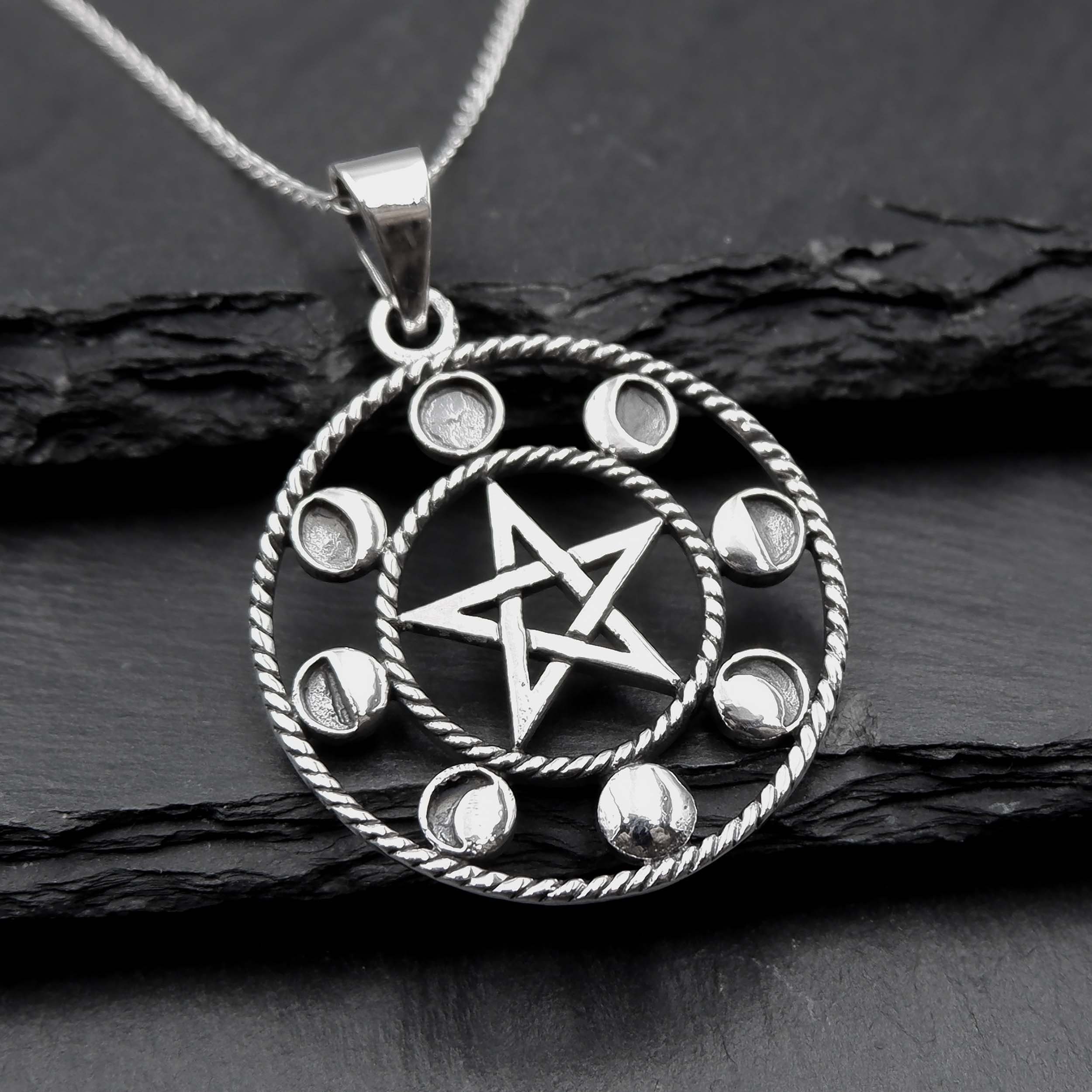 Pentacle with Moon Phases Pendant | Sterling Silver