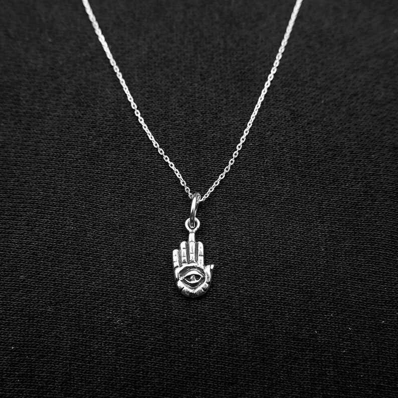 925 Sterling Silver Dainty Evil Eye Hamsa Hand Charm Necklace Etsy