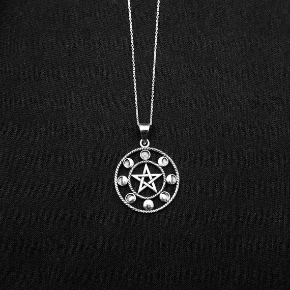 Pentacle with Moon Phases Pendant | Sterling Silver