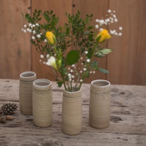 Peut inclure: Quatre petits vases en céramique beige avec une surface texturée. Les vases sont disposés en rangée sur une surface en bois. Un bouquet de fleurs jaunes avec des fleurs blanches est dans le vase du milieu.