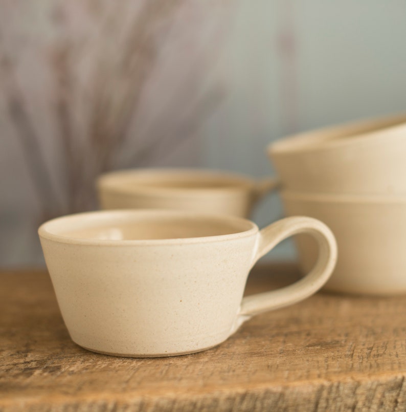 Handmade small pottery mug, a wide low mug in a white speckle satin glaze, coffee mug, image 1