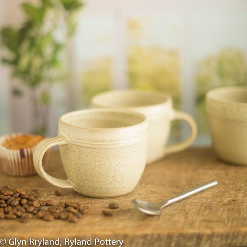 Handmade small pottery mug, a wide low mug in an off white satin glaze, coffee mug, image 5