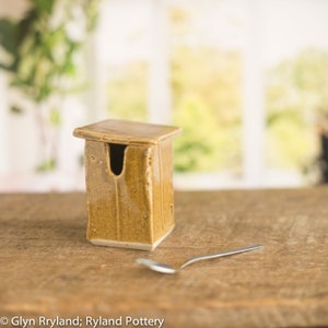 May include: A small, ceramic, brown sugar dispenser with a lid and a spoon. The dispenser has a rustic, handmade look.