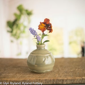 May include: A small, light green ceramic vase with a rounded body and a narrow opening. The vase is filled with a bouquet of purple and orange flowers.