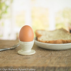 Può includere: Un uovo sodo marrone in un porta uova di ceramica bianca con una glassa macchiata. Il porta uova è su un tavolo di legno con un piatto di toast sullo sfondo.