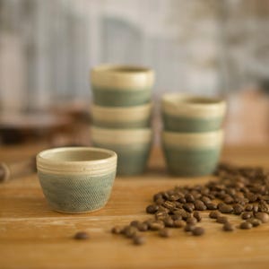 Handmade ceramic espresso cup, blue and cream coffee cup, Small coffee cup, Rustic pottery gift, Artisan coffee cup for Baristas