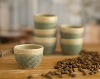 Handmade Stoneware Espresso Cup: Rustic Blue and Cream Pottery