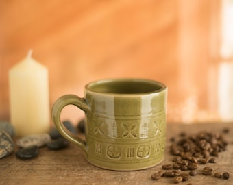 Handmade pottery mug, in a green / grey celadon glaze, coffee mug,