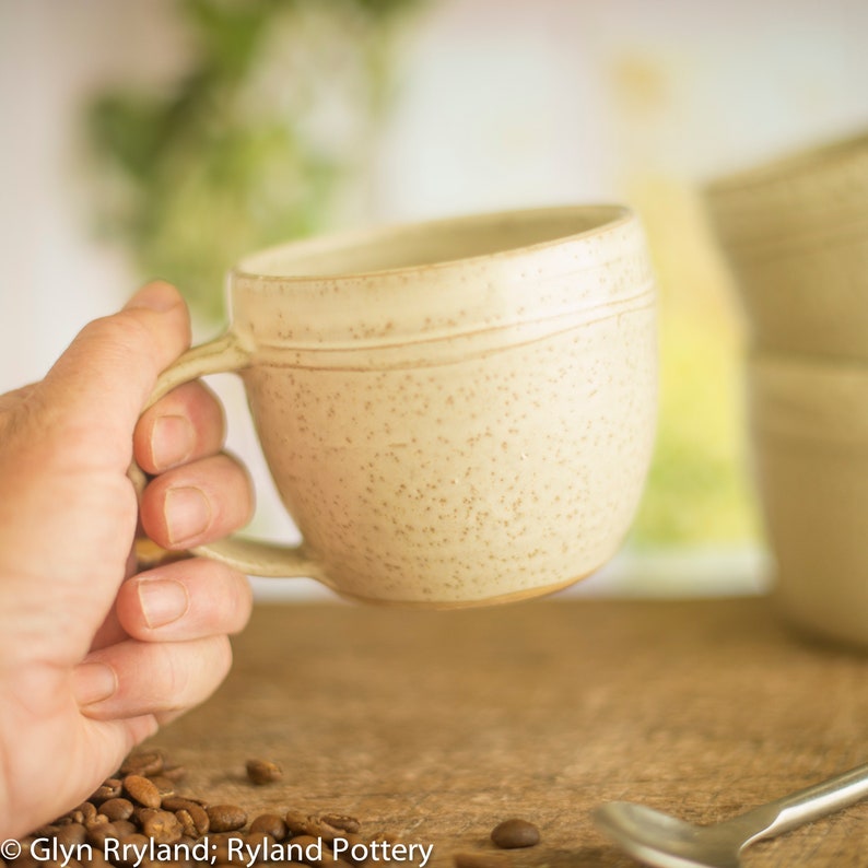 Handmade small pottery mug, a wide low mug in an off white satin glaze, coffee mug, image 2