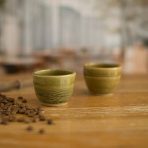 Handmade ceramic espresso cup, natural green coffee cup, Small coffee cup, Rustic pottery gift, Artisan coffee cup for Baristas