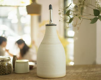 Handmade Ceramic Olive Oil Dispenser: Stoneware Cruet, Stainless Steel Spout