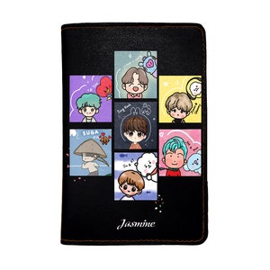 PicasaTravel kunstleren paspoorthoezen (paspoorthouder) voor op reis [naam aangepast] Leuke K-pop Army BTS Bangtan-mascotte
