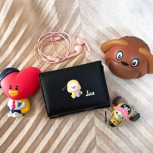 PicasaTravel Faux Leather Money Wallet - Card Holder for Travel [Name Customized] Cute - K-pop B.T.S fan Mascot BT2.1