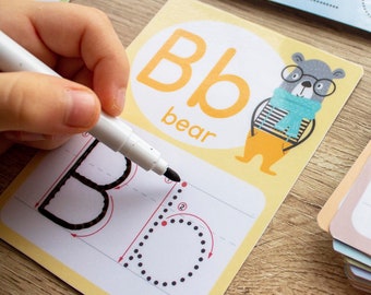 Alphabet Tracing Cards: Animals Themed Alphabet Flashcards for Home School Curriculum. Homeschooling Preschool Kindergarten Printables.