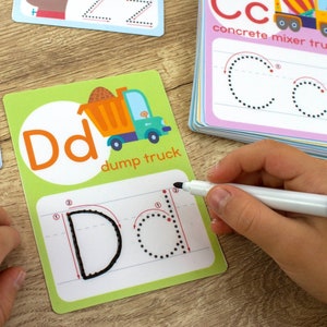 Vehicles Alphabet & Number 1-20 Printable Flash Card. Cars and Trucks Tracing Flashcard