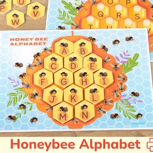 Coincidencia del alfabeto de abejas melíferas. Actividad de aprendizaje imprimible de Honeybee Match. Hojas de trabajo educativas preescolares. Actividades de primavera y verano para niños pequeños.
