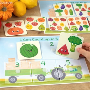 Fruits & Vegetables Count Activity. Toddler, Preschool Printable Counting Worksheets. Learn Numbers 1-10 Homeschool Educational Resource.