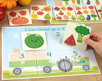Fruits & Vegetables Count Activity. Toddler, Preschool Printable Counting Worksheets. Learn Numbers 1-10 Homeschool Educational Resource.