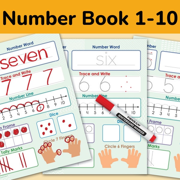 Number Tracing Printable Worksheet. Preschool, Pre-K, Kindergarten Homeschool Numbers 1-10 Workbook.