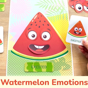 Activité sur les émotions et les sentiments sur le thème de la pastèque : matériel d'apprentissage à imprimer pour les tout-petits. Compétences d'association de fruits d'été pour les enfants d'âge préscolaire.