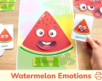 Watermelon Themed Emotions and Feelings Activity:  Printable Learning Material Toddlers. Summer Fruits Matching Skills for Preschoolers.