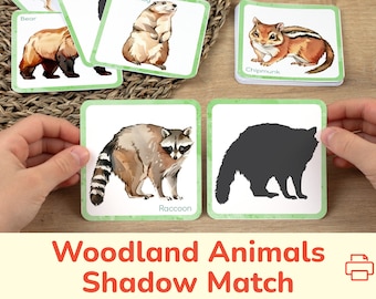 Woodland Animals Shadow Matching Activity: Toddler Printable Match Cards. Preschool, Homeschool Learning Printables, Educational Resource.