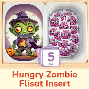 Alimenta al zombi: actividad de conteo con inserto de Halloween para la mesa sensorial Trofast Bins. Plantilla de inserto imprimible para niños pequeños y preescolares.