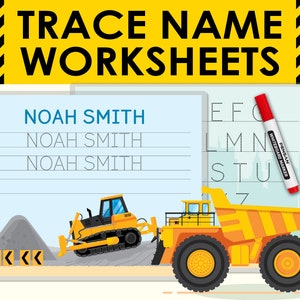 Construction Trucks Custom Name Tracing Worksheet. Personalized Writing Practice. Personalise Printable Preschool Kindergarten Handwriting