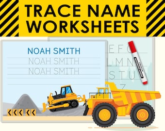 Construction Trucks Custom Name Tracing Worksheet. Personalized Writing Practice. Personalise Printable Preschool Kindergarten Handwriting