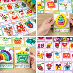 Holiday playdough mats for kids: Saint Patrick day rainbow and pot of gold, Easter ess, Christmas theme, Saint Valentine Day unit. Printables for preschool classrooms.