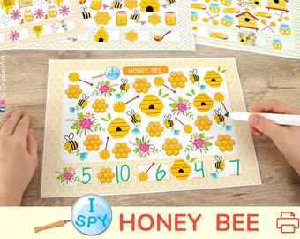 Honey Bee I Spy Counting Activity. Preschool Learning Worksheets. Printable Count to 10 Spring Activities. Kindergarten Educational Resource