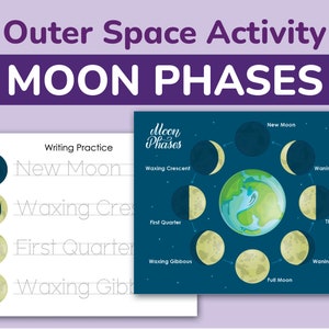Puede incluir: Una hoja de trabajo imprimible para que los niños aprendan sobre las fases de la luna. La hoja de trabajo incluye un diagrama de las fases de la luna y una sección de práctica de escritura con los nombres de cada fase.