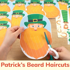 May include: A printable activity for kids featuring a cartoon leprechaun with a dotted line beard. The image shows a child cutting out the beard with scissors. The text "Patrick's Beard Haircuts" is at the bottom of the image.