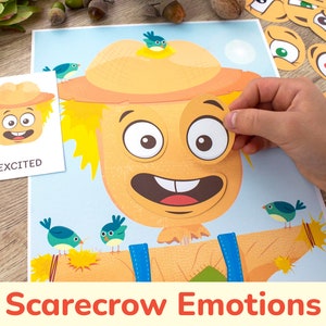 Scarecrow Emotions and Feelings Fall Printable Activity. Autumn Toddler, Preschool Matching