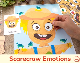 May include: A printable scarecrow emotions activity for kids. The activity includes a scarecrow face with different emotions and a set of emotion cards. The scarecrow is wearing a straw hat and a blue shirt. The activity is perfect for teaching kids about emotions.