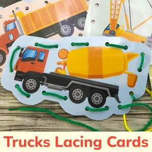 Construction Lacing Cards. Printable Fine Motor Skills Activity for Toddler and Preschooler