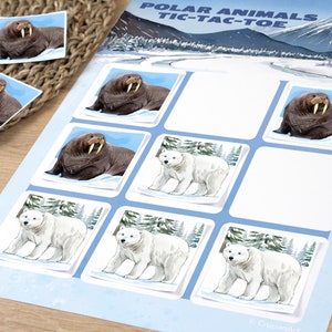 Arctic Animals Tic-Tac-Toe Game: Preschool, Kindergarten Printable Activity. Winter Games for Kids. Homeschooling, Classroom Printables.
