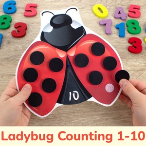 Ladybug Counting Activity. Numbers 1 to 10 Printable Activities. Ladybug Spots Counting Practice. Toddler, Preschool, Homeschool Early Math.