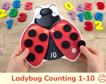 Ladybug Counting Activity. Numbers 1 to 10 Printable Activities. Ladybug Spots Counting Practice. Toddler, Preschool, Homeschool Early Math.