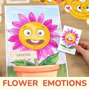 Flower Garden Themed Emotions and Feelings Printable Activity. Toddler Preschool Kindergarten Matching Activities for Spring, Summer Season.