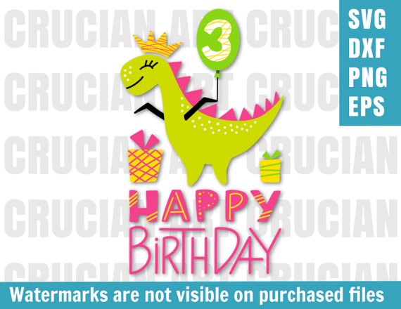Happy 3rd Birthday Girl Svg File Cute Dino Print With 3 Year Etsy