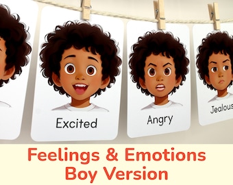 Emotion Flash Cards. Printable Flashcards for Boy: Explore Feelings & Expand Vocabulary. Visual Learning Materials for Homeschool, Classroom