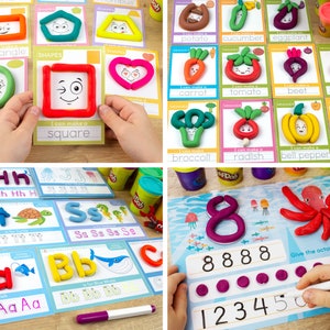 Printable playdough mat templates for preschooler and toddler: shapes, alphabet, numbers, veggies.