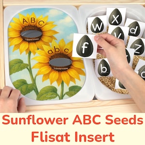 Atividade de classificação do alfabeto ABC de girassol: classifique as letras Flisat Insert Printable Template para tabela sensorial, imprimíveis de formação de letras.