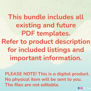 May include: A digital product announcement with text that reads "This bundle includes all existing and future PDF templates. Refer to product description for included listings and important information. PLEASE NOTE! This is a digital product. No physical item will be sent to you. The files are not editable. f CrucianArt"