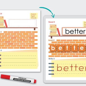 May include: A worksheet featuring the word "better" written on it. The worksheet is divided into sections for reading, building, and writing the word. The word is spelled out using letter blocks and written in cursive.