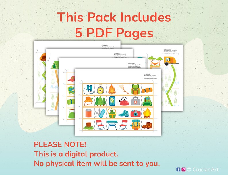 May include: Five printable PDF pages with camping themed images. The pages include a variety of camping items such as a tent, a compass, a first aid kit, a backpack, a campfire, a flashlight, a pair of hiking boots, a camera, a coffee pot, a sleeping bag, a pair of binoculars, a hat, a pair of hiking poles, a can of beans, a knife, a chair, and a camper. The text "This Pack Includes 5 PDF Pages" is at the top of the image. The text "PLEASE NOTE! This is a digital product. No physical item will be sent to you." is at the bottom of the image.