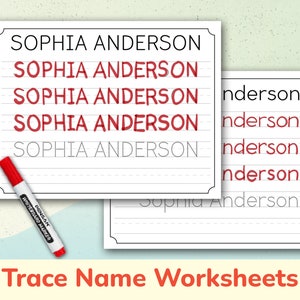 Puede incluir: Una hoja de trabajo imprimible con líneas punteadas para trazar el nombre "Sophia Anderson". El nombre está escrito en letras rojas en la parte superior de la página y luego se repite cinco veces con líneas punteadas para trazar.